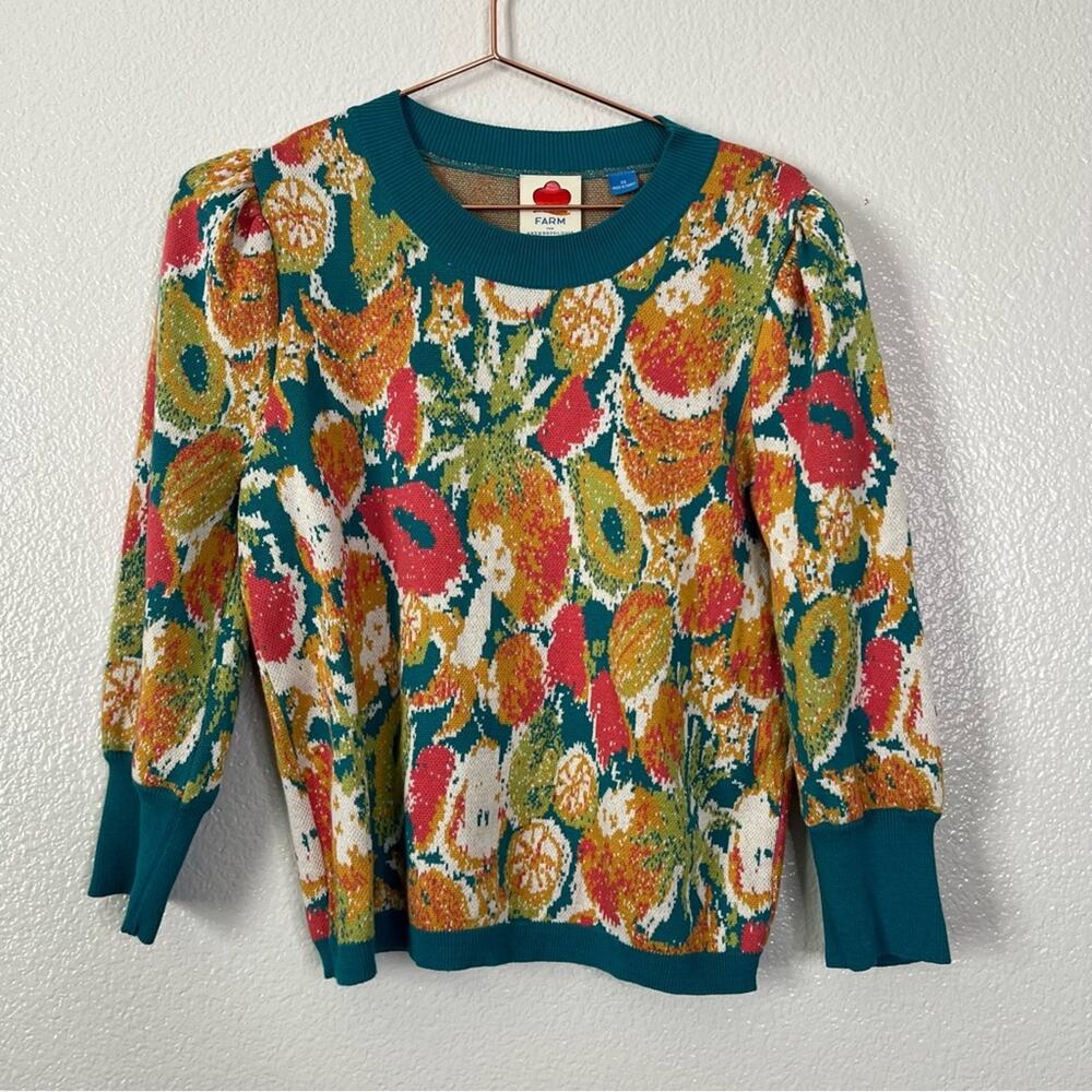 Anthropologie Farm Rio Fruits Sweater teal green orange 100% organic cotton - Picture 4 of 7